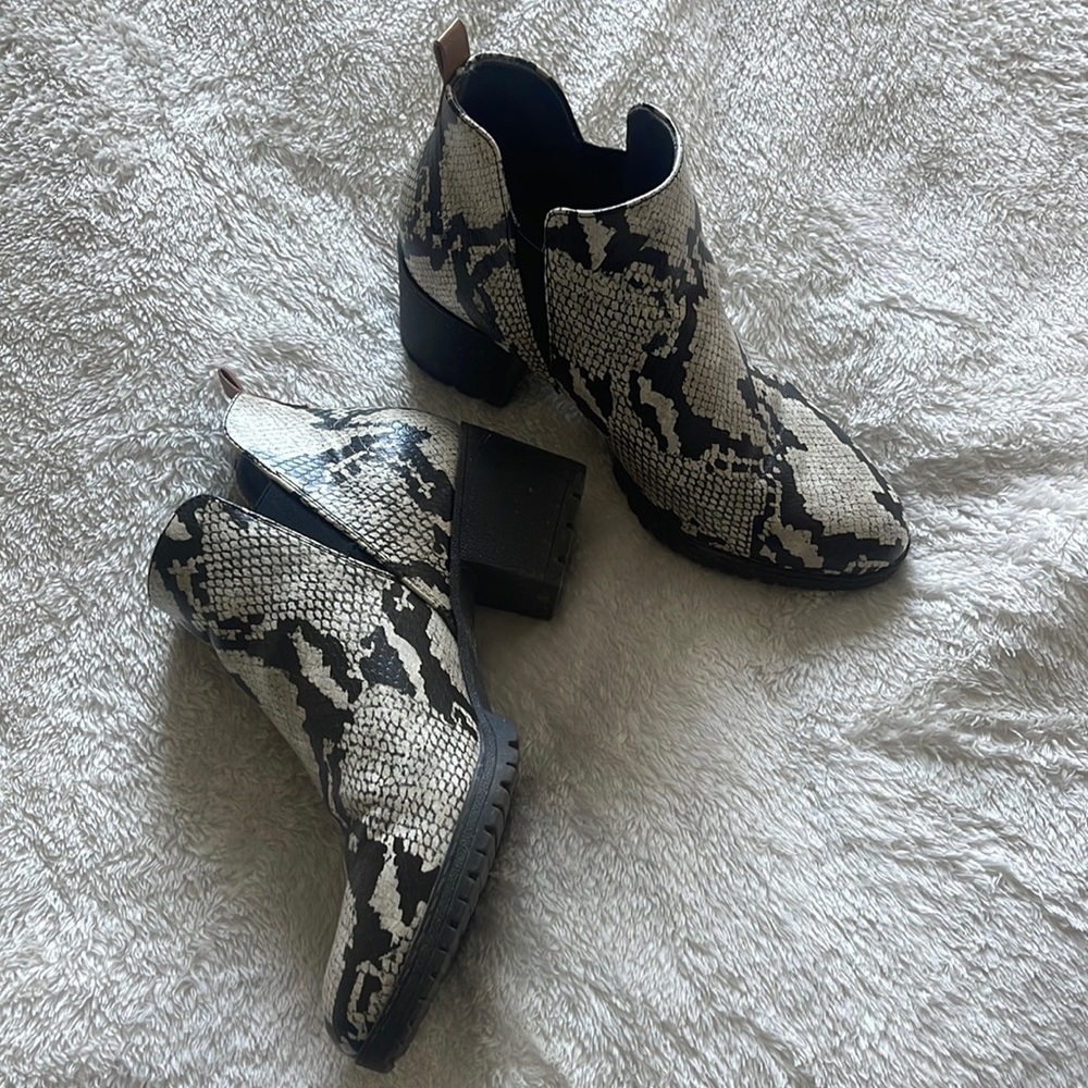 Dr. Scholls Snake Print Heeled Booties.